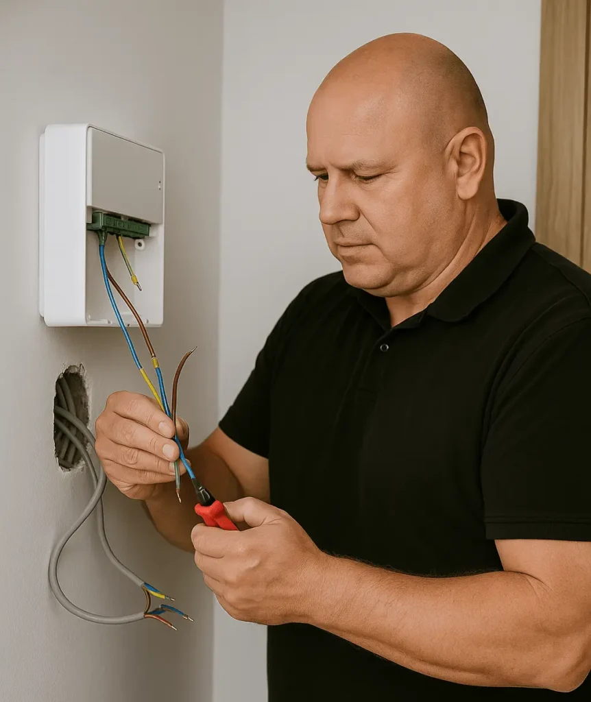 Elektriker hält eine Zange und arbeitet an einem offenen Verteilerkasten mit elektrischen Leitungen