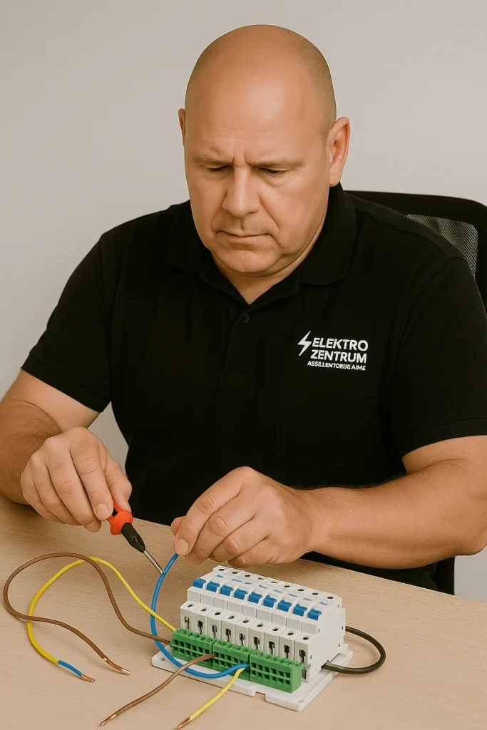 Ein Elektriker arbeitet an einem offenen Stromverteilerkasten mit Werkzeug in der Hand.