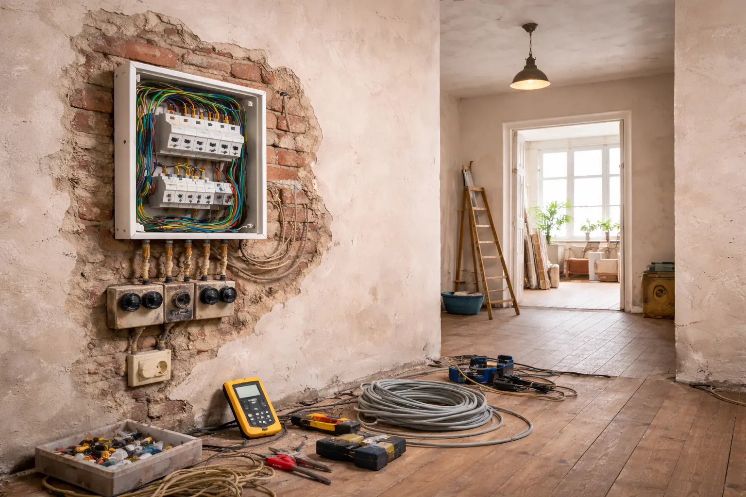 Moderne Elektroverteilung in einer bewohnbaren Altbauwohnung mit sichtbarer erneuerter Elektroinstallation und Sicherungskasten