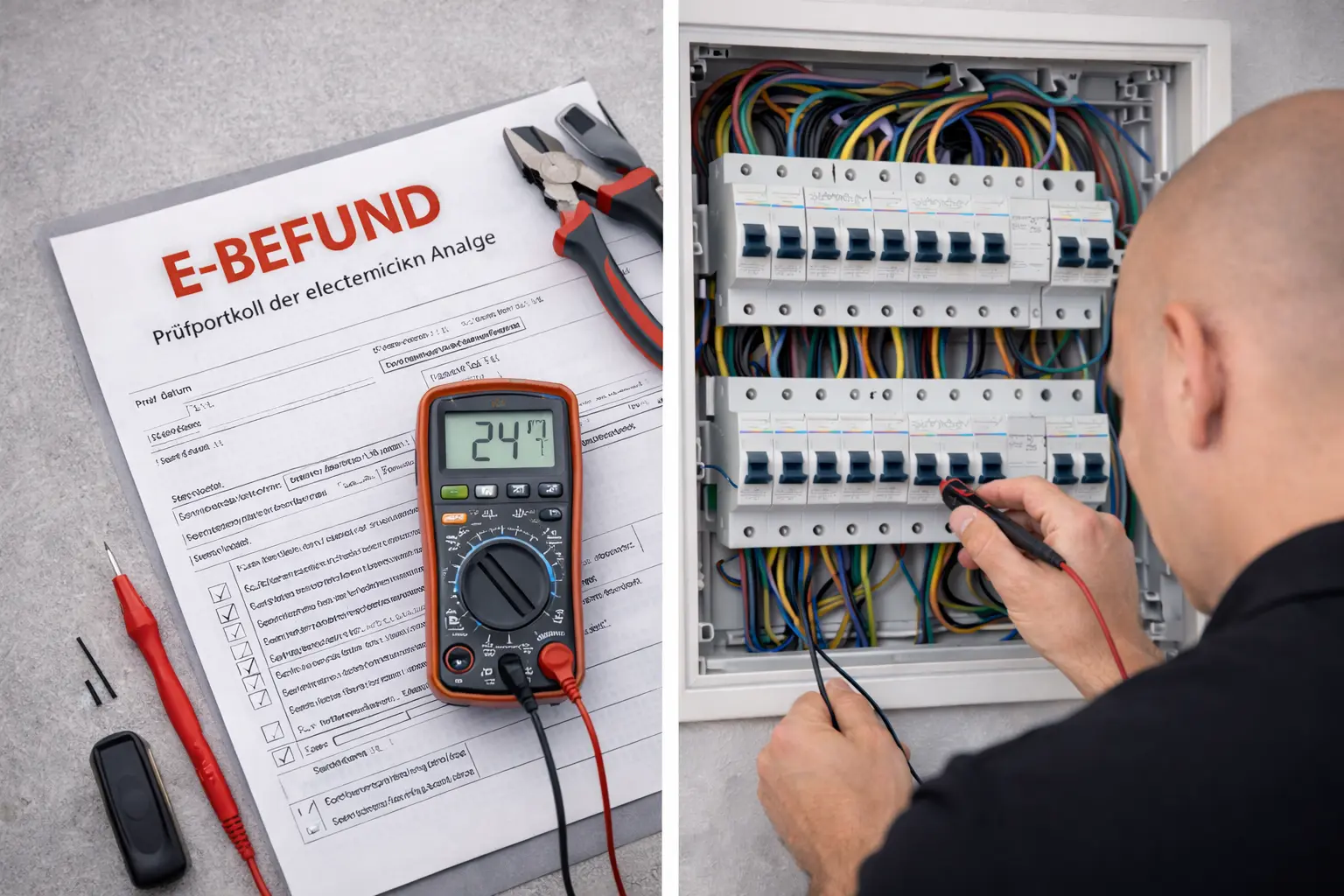 Elektrische Sicherheitsprüfung: Multimeter auf einem E-Befund-Prüfprotokoll und ein Elektriker, der einen Sicherungskasten mit Messspitzen überprüft.