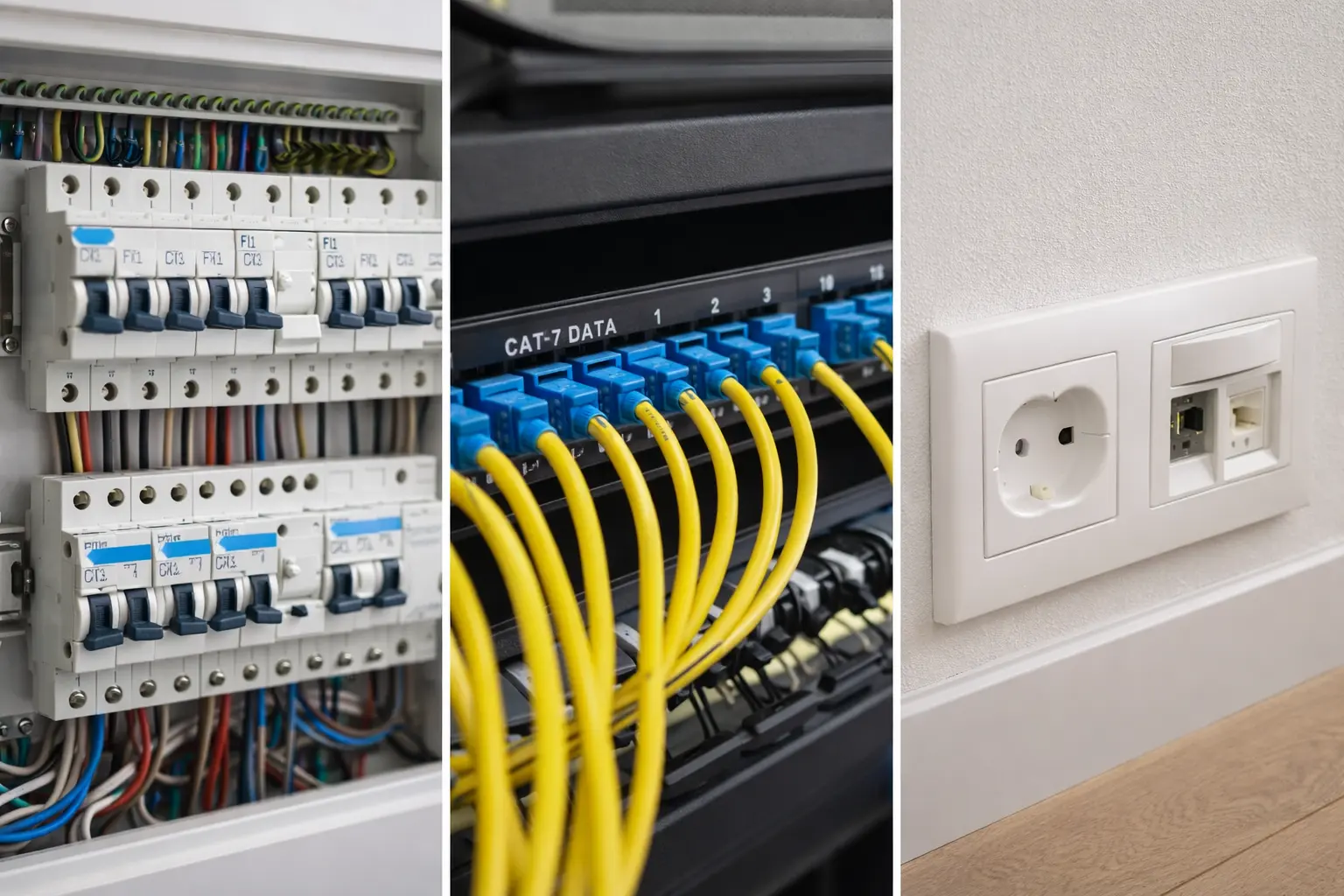 Moderne Elektroinstallation mit FI-Schaltern im Verteilerkasten, CAT-7-Netzwerkpanel und sauber installierten Steckdosen mit Netzwerkanschluss.