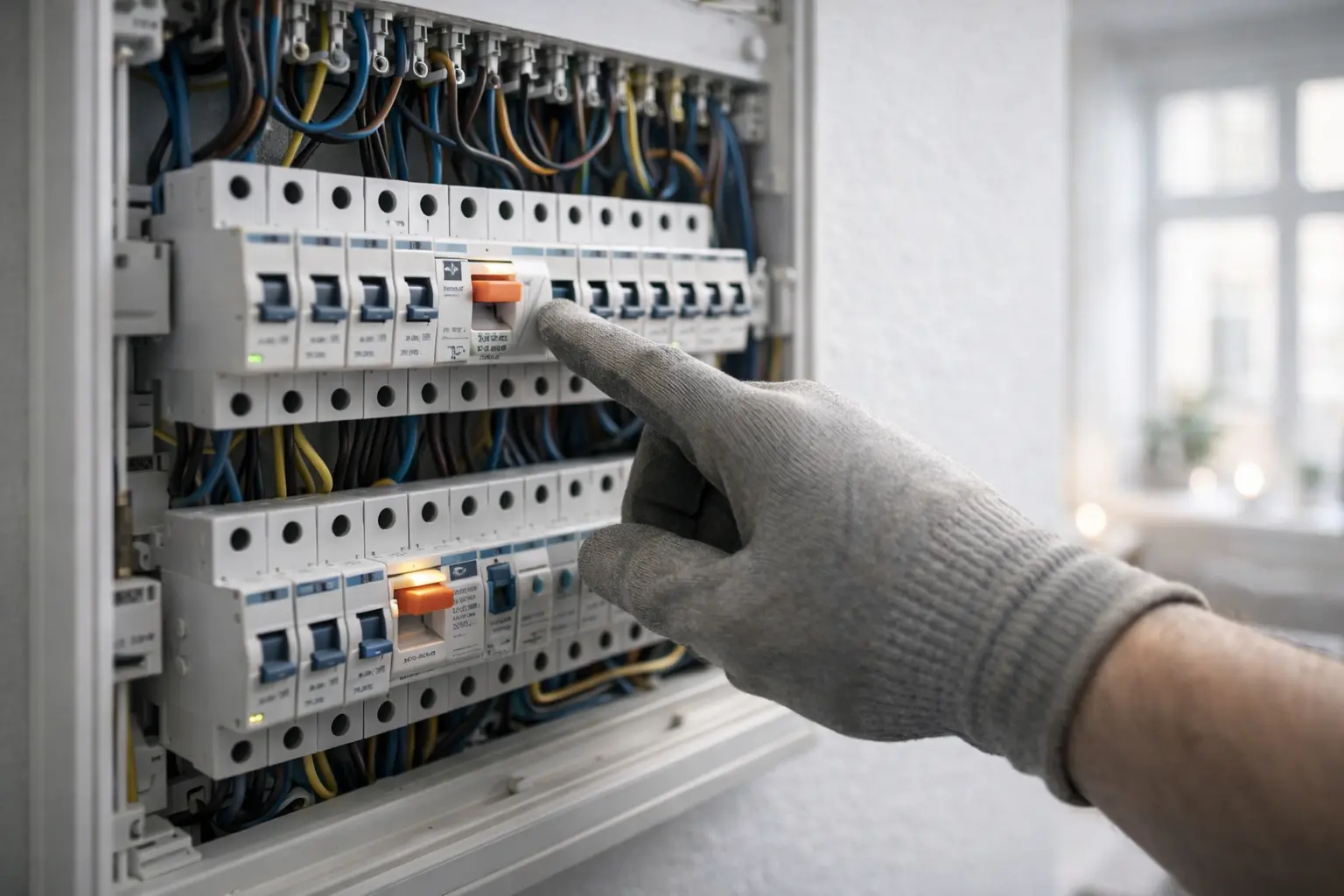 Hand mit Schutzhandschuh schaltet einen Leitungsschutzschalter im Sicherungskasten nach einem Stromausfall wieder ein.