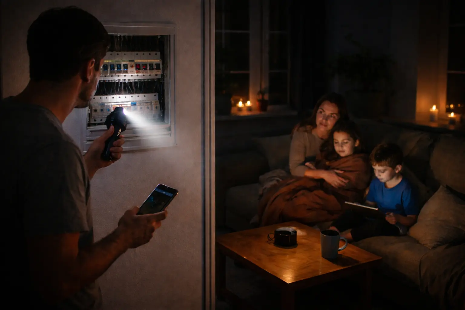 Person überprüft bei einem Stromausfall den Sicherungskasten mit einer Taschenlampe, während eine Familie im abgedunkelten Wohnzimmer wartet.